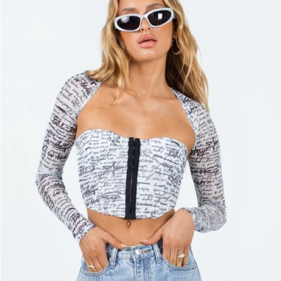 NWT PRINCESS POLLY Scripted Long Sleeve Corset Top - Picture 2 of 8